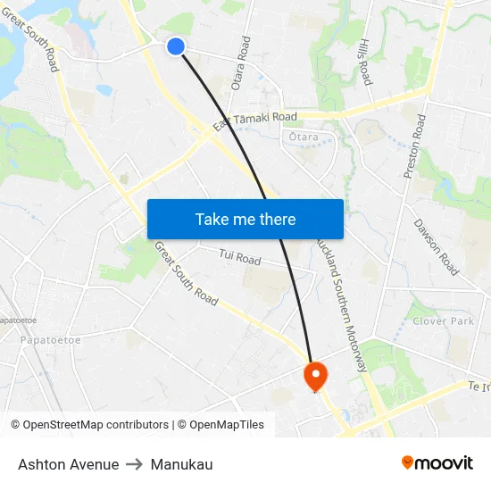 Ashton Avenue to Manukau map