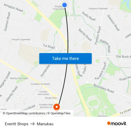 Everitt Shops to Manukau map