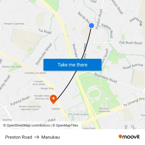 Preston Road to Manukau map