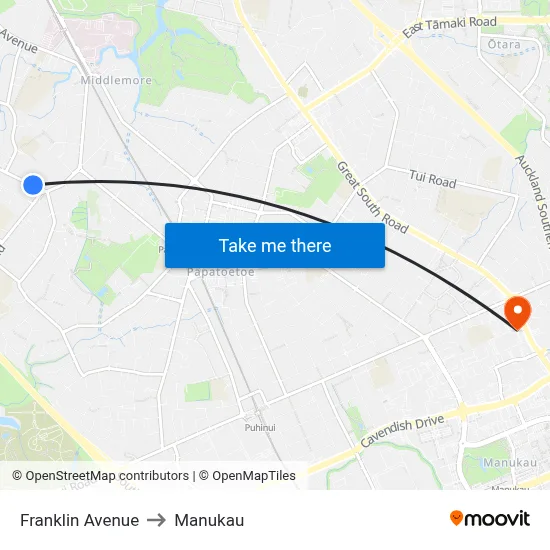 Franklin Avenue to Manukau map