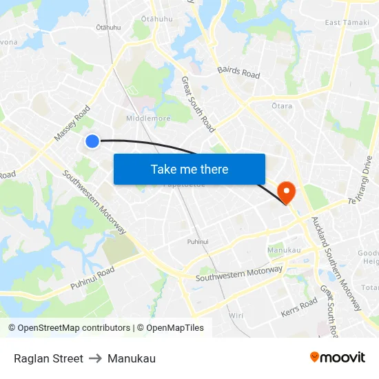 Raglan Street to Manukau map