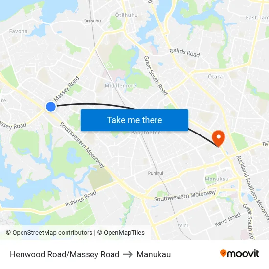 Henwood Road/Massey Road to Manukau map