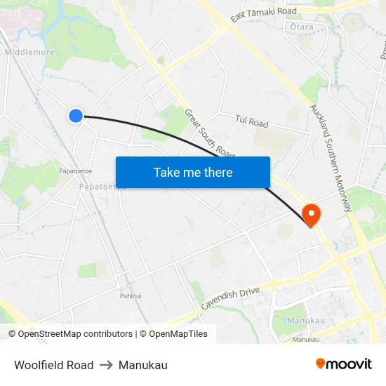 Woolfield Road to Manukau map