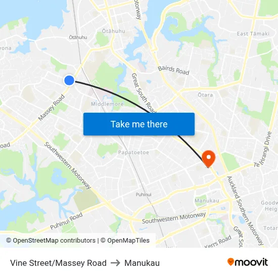 Vine Street/Massey Road to Manukau map