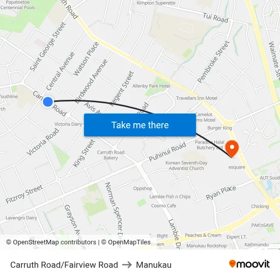 Carruth Road/Fairview Road to Manukau map