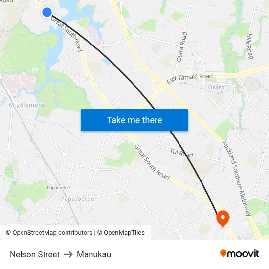 Nelson Street to Manukau map