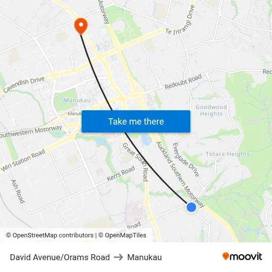 David Avenue/Orams Road to Manukau map