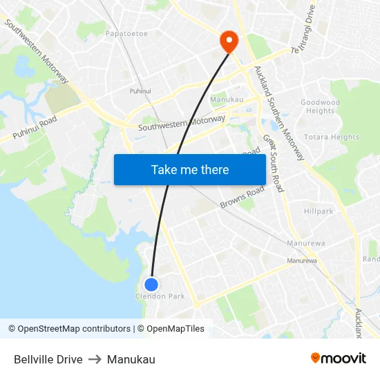 Bellville Drive to Manukau map