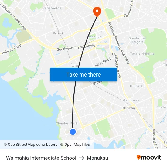 Waimahia Intermediate School to Manukau map
