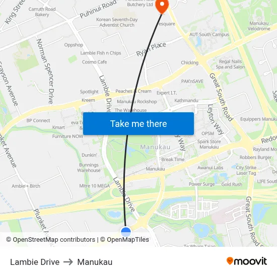 Lambie Drive to Manukau map