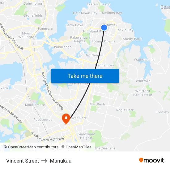 Vincent Street to Manukau map