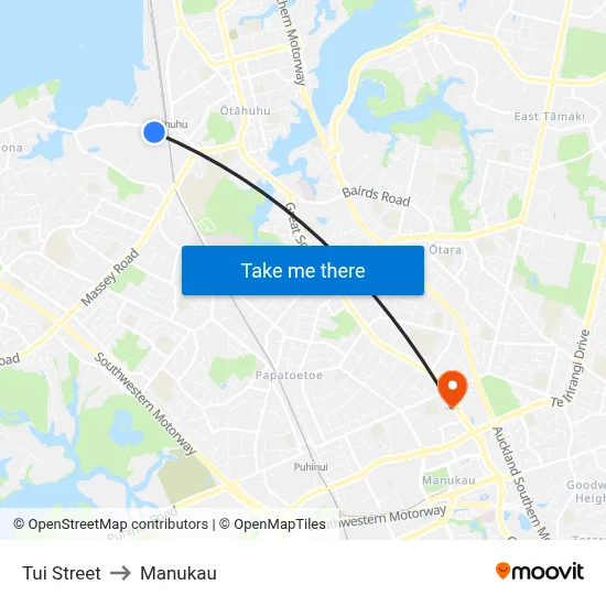 Tui Street to Manukau map