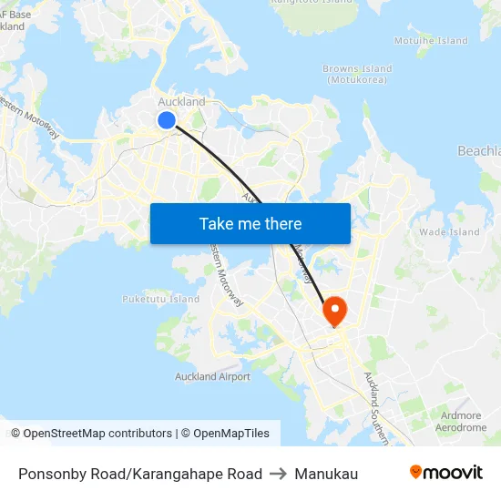 Ponsonby Road/Karangahape Road to Manukau map