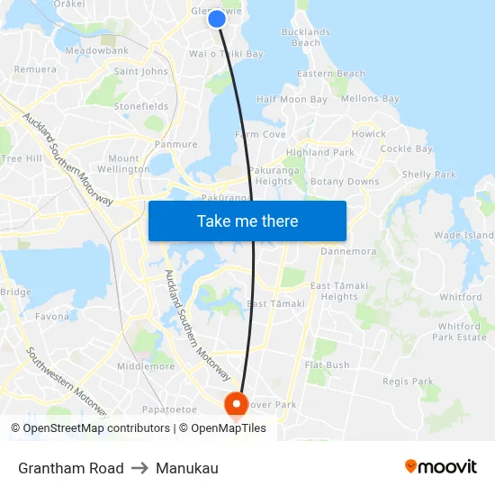 Grantham Road to Manukau map