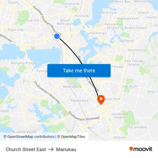 Church Street East to Manukau map