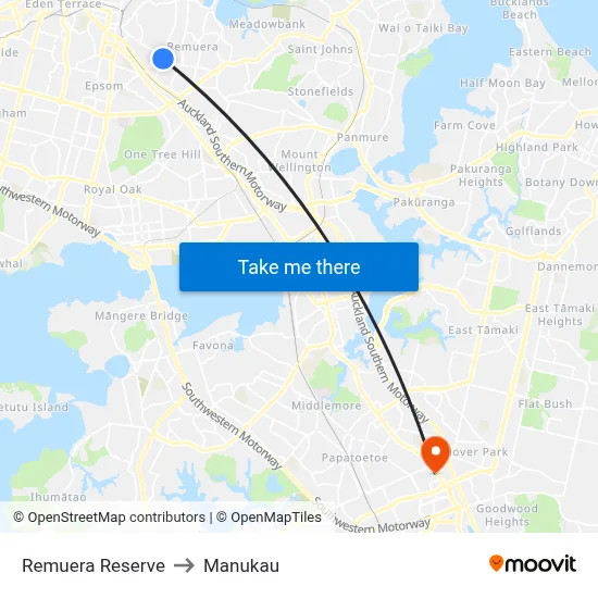 Remuera Reserve to Manukau map