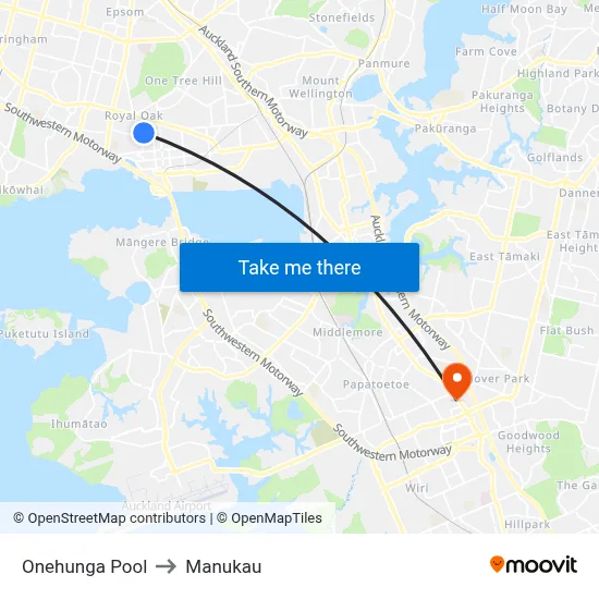 Onehunga Pool to Manukau map