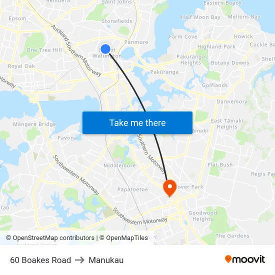 60 Boakes Road to Manukau map