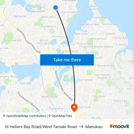 St Heliers Bay Road/West Tamaki Road to Manukau map