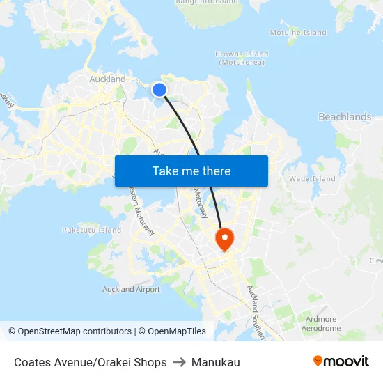 Coates Avenue/Orakei Shops to Manukau map