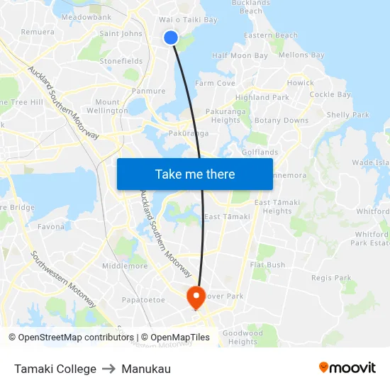 Tamaki College to Manukau map