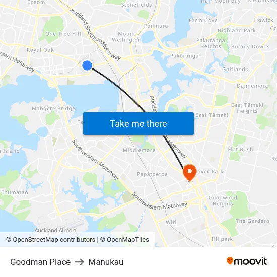Goodman Place to Manukau map