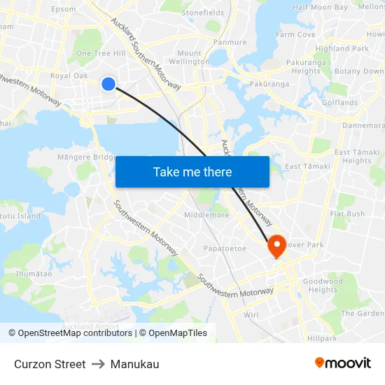 Curzon Street to Manukau map