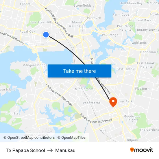 Te Papapa School to Manukau map