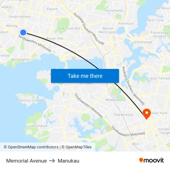 Memorial Avenue to Manukau map