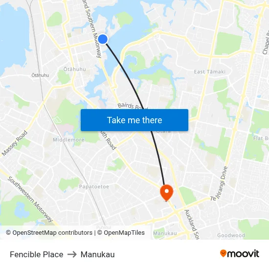 Fencible Place to Manukau map