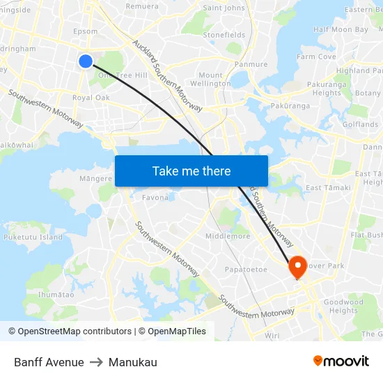 Banff Avenue to Manukau map