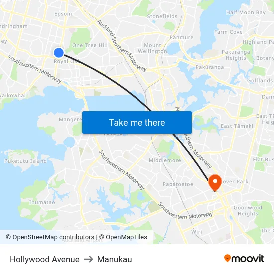 Hollywood Avenue to Manukau map