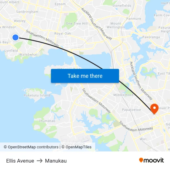 Ellis Avenue to Manukau map