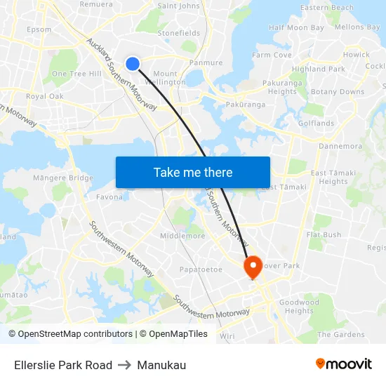 Ellerslie Park Road to Manukau map