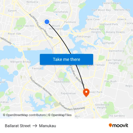 Ballarat Street to Manukau map