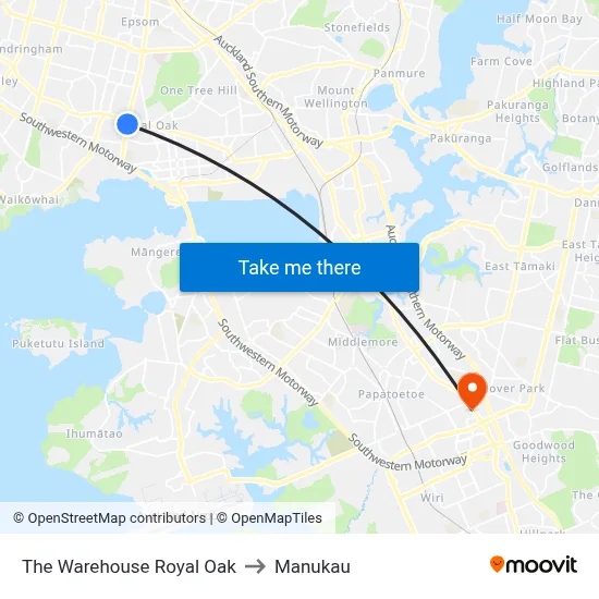 The Warehouse Royal Oak to Manukau map