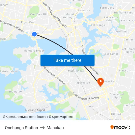 Onehunga Station to Manukau map