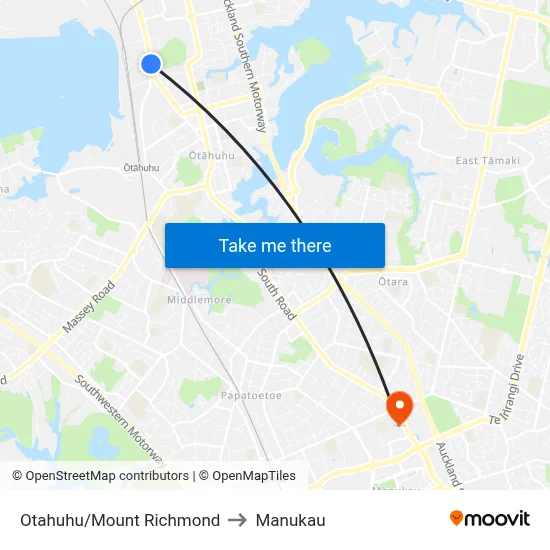 Otahuhu/Mount Richmond to Manukau map