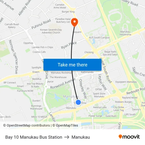 Bay 10 Manukau Bus Station to Manukau map