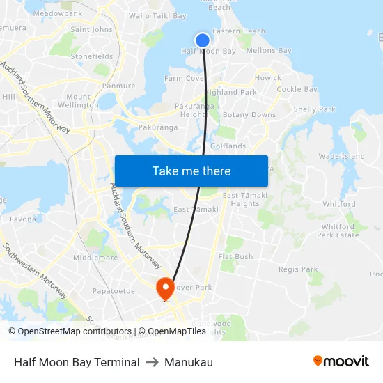 Half Moon Bay Terminal to Manukau map