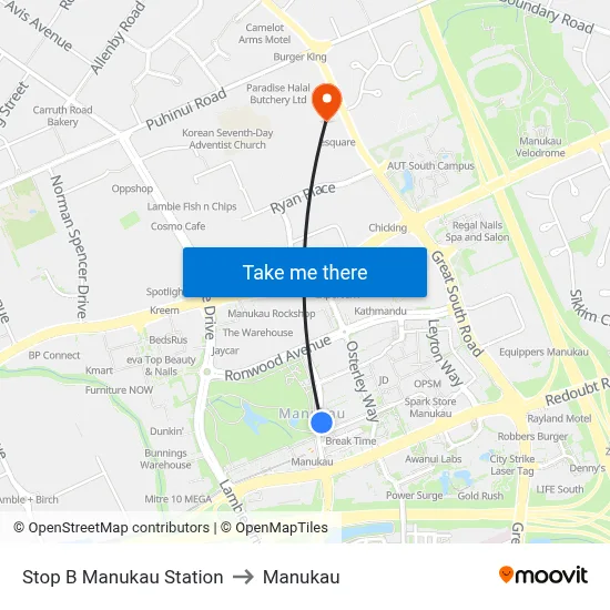 Stop B Manukau Station to Manukau map