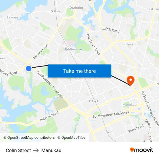 Colin Street to Manukau map