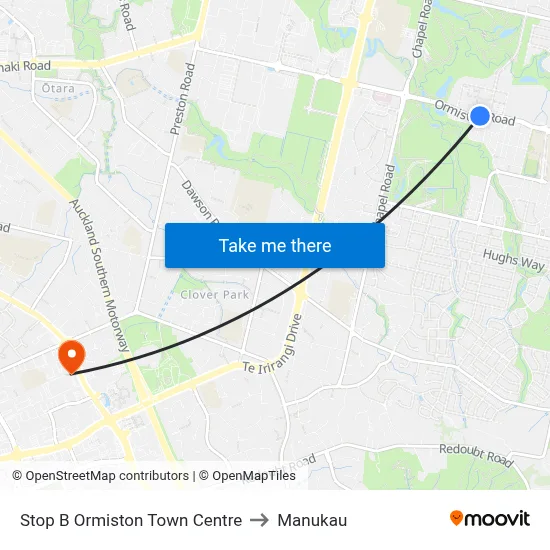 Stop B Ormiston Town Centre to Manukau map