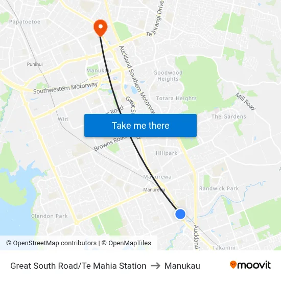 Great South Road/Te Mahia Station to Manukau map