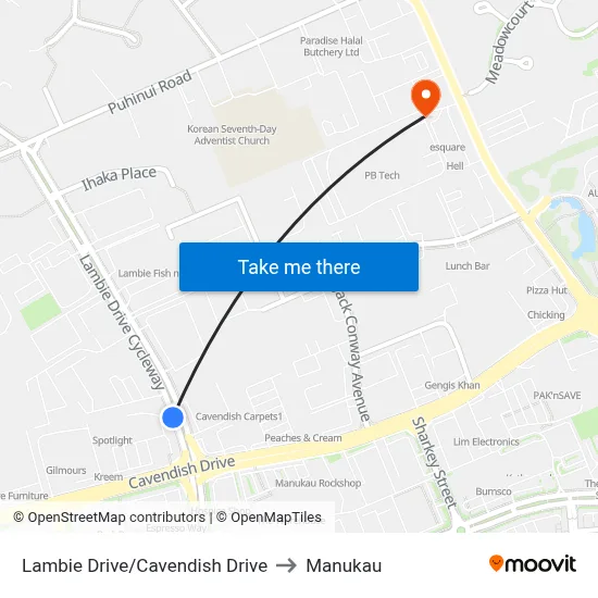 Lambie Drive/Cavendish Drive to Manukau map
