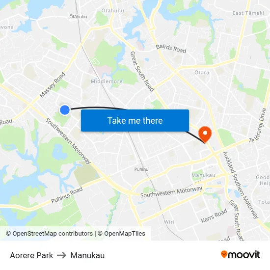 Aorere Park to Manukau map