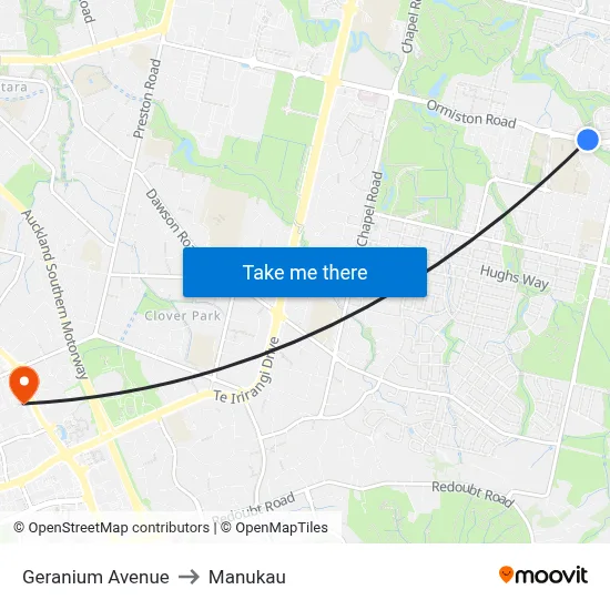 Geranium Avenue to Manukau map