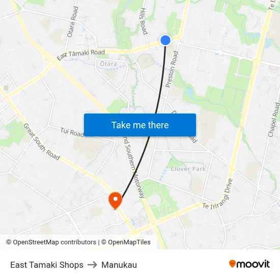 East Tamaki Shops to Manukau map