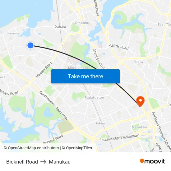 Bicknell Road to Manukau map