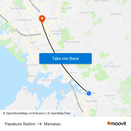 Papakura Station to Manukau map